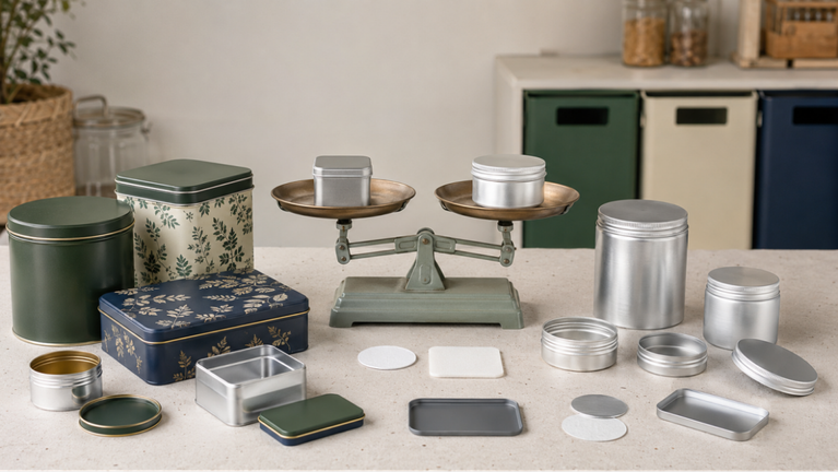 Tinplate and aluminum packaging compared across material weight, shape, decoration, reuse, recycling, and transport.
