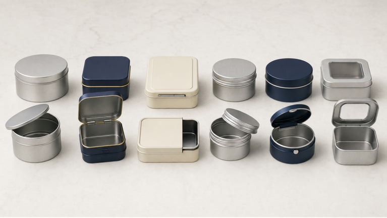 Hinged, slip, slide, screw, click-clack, and window tin lid types shown in open and closed positions.