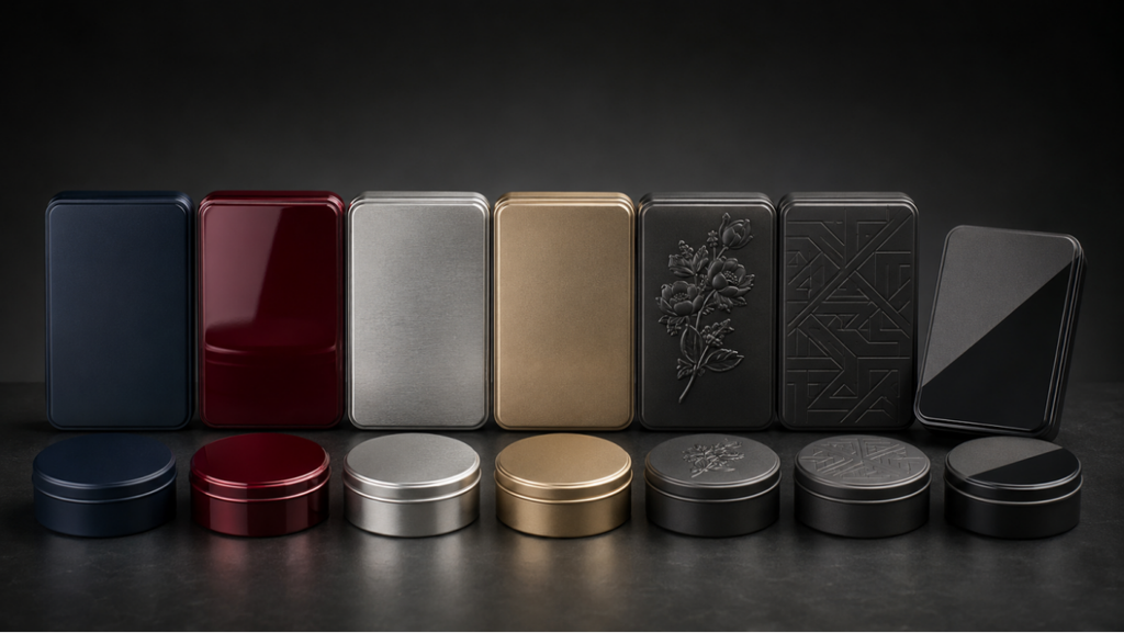 Custom metal tins displaying matte, gloss, metallic, embossed, and contrasting varnish finishes under retail lighting.