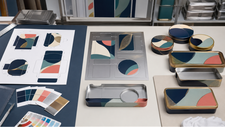 A custom printed tin design workflow showing dieline artwork, color proof, formed sample, and finished retail pack.
