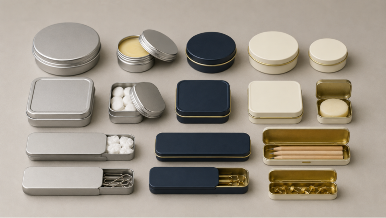 Small round, rectangular, slide-lid, slip-lid, and screw-top metal tins arranged for product-size comparison.