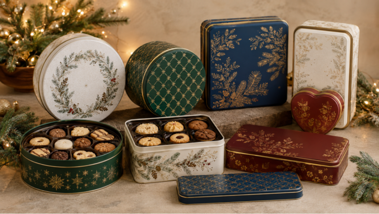Christmas cookie tins in coordinated seasonal shapes and finishes for retail shelves, gifting, and limited-edition collections.