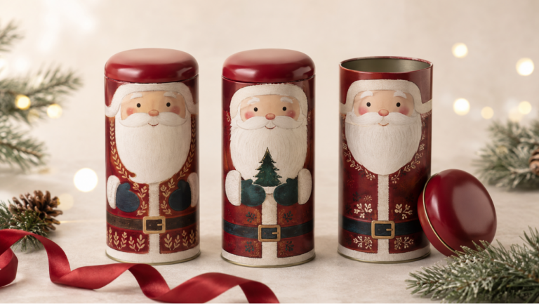 Three Santa-inspired Christmas tin canisters with rounded lids, including one open reusable holiday tin container.