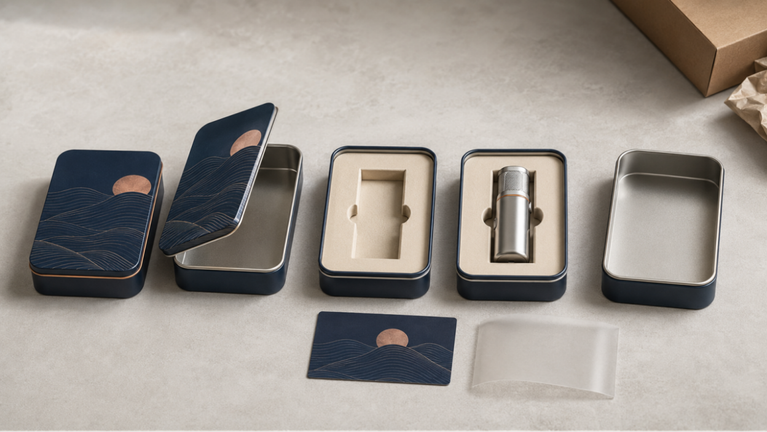 A premium custom tin packaging unboxing sequence with a printed lid, fitted insert, product reveal, and reusable keepsake tin.