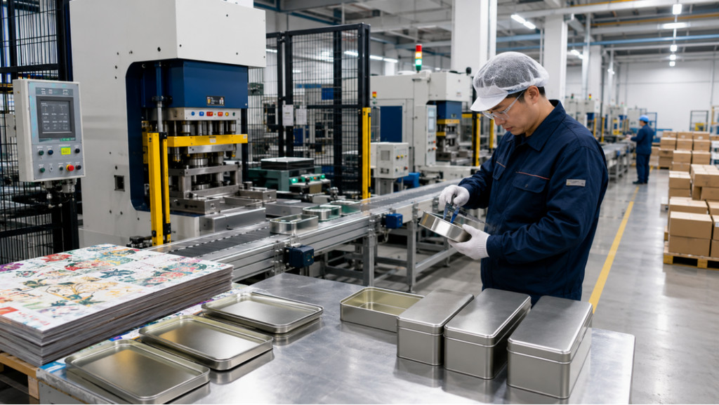 A custom tin box manufacturing line showing printed tinplate sheets, forming tools, lid assembly, inspection, and export packing.