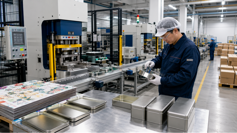 A custom tin box manufacturing line showing printed tinplate sheets, forming tools, lid assembly, inspection, and export packing.