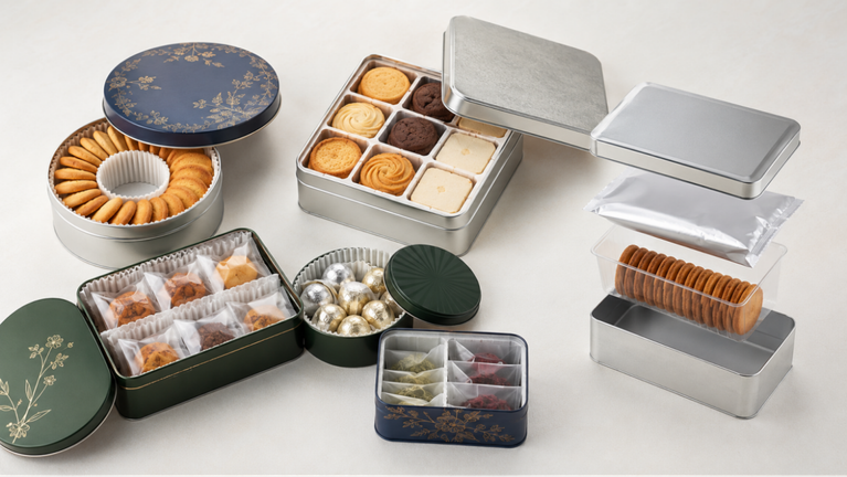 Food-grade tin packaging shown with cookies, tea, and confectionery plus inner liners, trays, and sealed pouches.