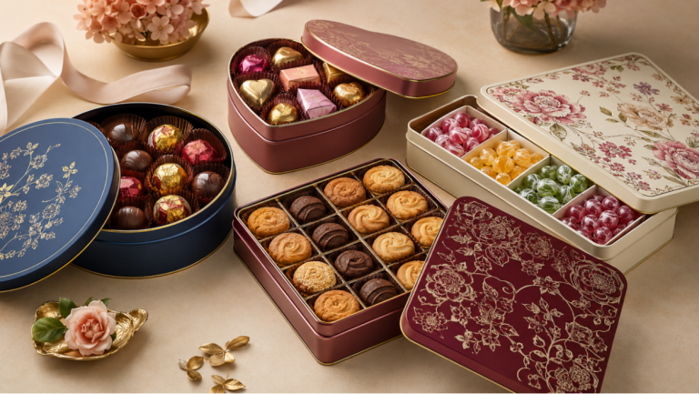 Premium candy and sweets presented in round, square, and rectangular printed tin gift boxes with protective inserts.
