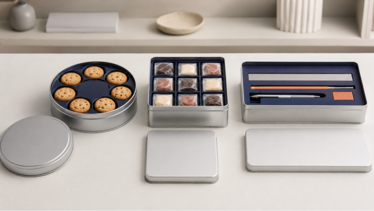 Round, square, and rectangular custom tin boxes shown with matched products, inserts, and retail shelf arrangements.