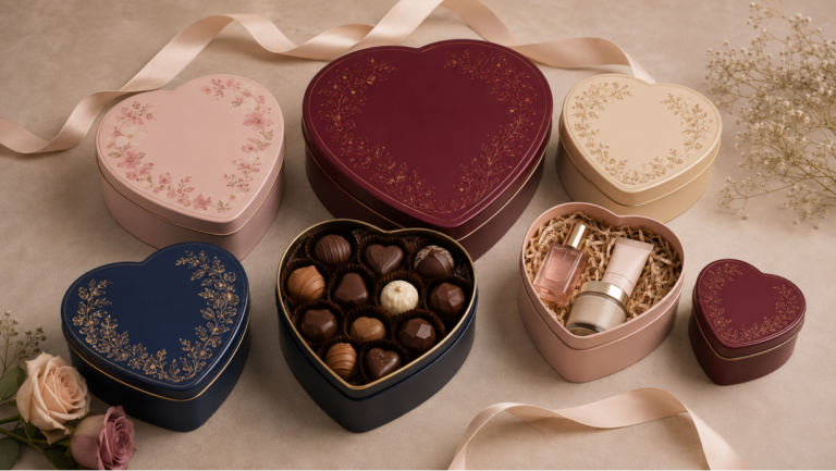 Heart-shaped tin boxes for confectionery, wedding favors, and seasonal gift launches with elegant printed finishes.