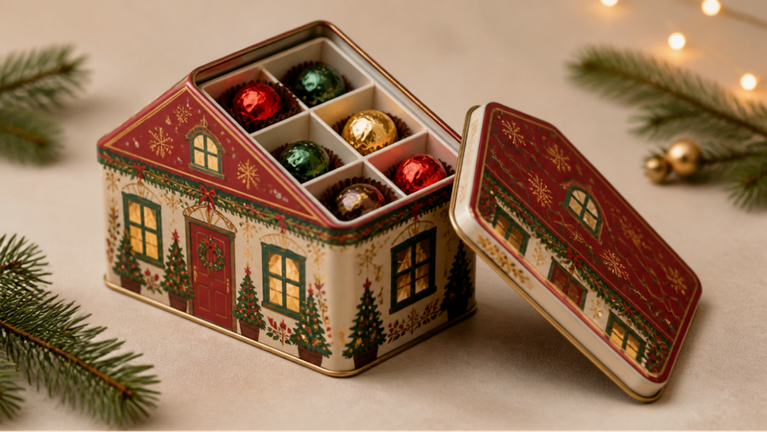 A house-shaped Christmas tin gift box with a compartment insert for individually wrapped chocolates.