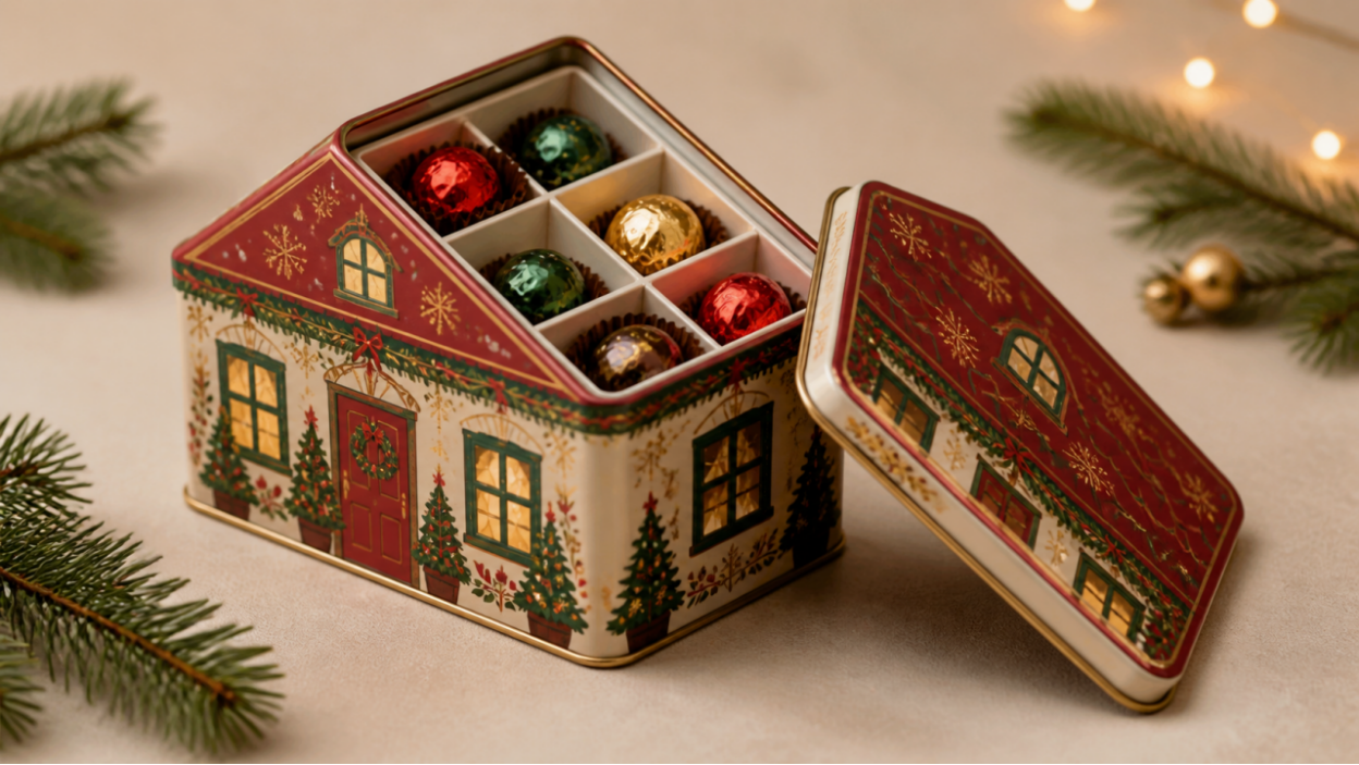 A house-shaped Christmas tin gift box with a compartment insert for individually wrapped chocolates.