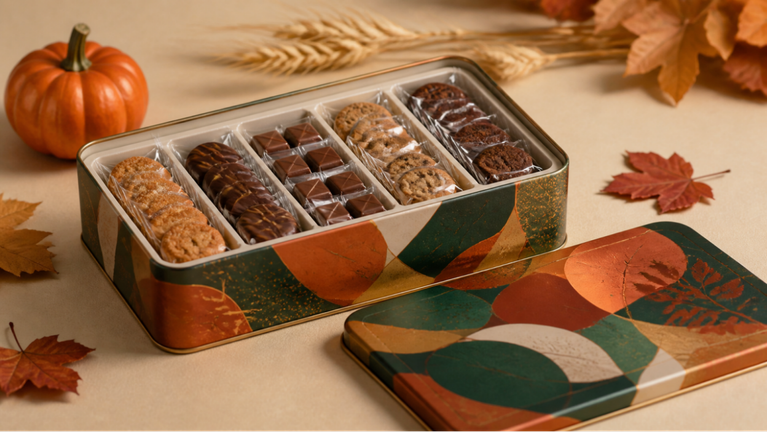 A Thanksgiving tin gift box with an autumn design and a divided insert for individually wrapped cookies and chocolates.