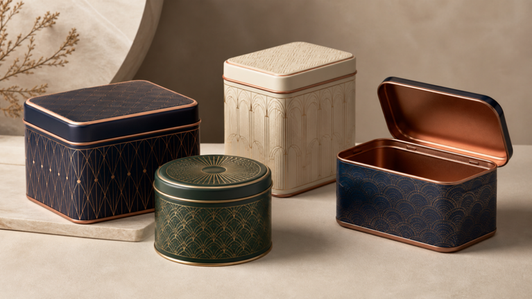 A coordinated collection of premium decorated metal tins in rectangular, square, and round shapes.