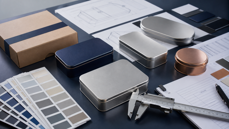 Unbranded metal tin samples, a caliper, color swatches, and specification sheets arranged for supplier evaluation.