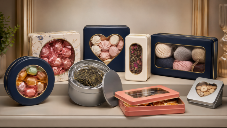Retail window tin cans displaying colorful sweets through clear shaped lid windows with coordinated printed metal graphics.