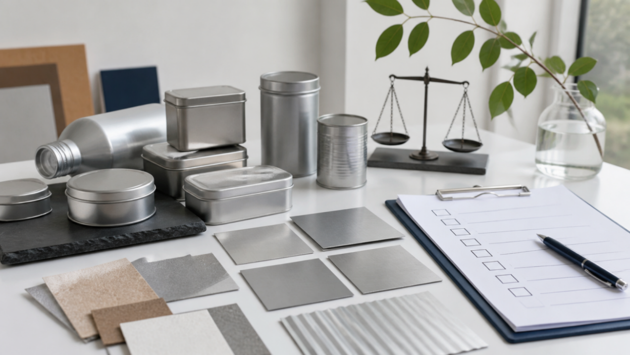 Metal packaging samples, material swatches, a balance scale, and an evidence checklist on a procurement desk.