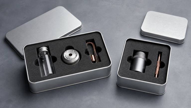 Open rectangular and square metal tins fitted with precision-cut dark EVA inserts for small products and accessories.