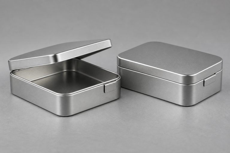 Concept illustration of unbranded rectangular hinged metal tins with a side-release detail; not evidence of child-resistant testing.