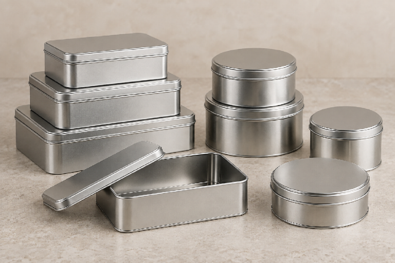 Unbranded round and rectangular tin storage containers with fitted lids, stable stacks, and one open clean interior on a neutral surface.