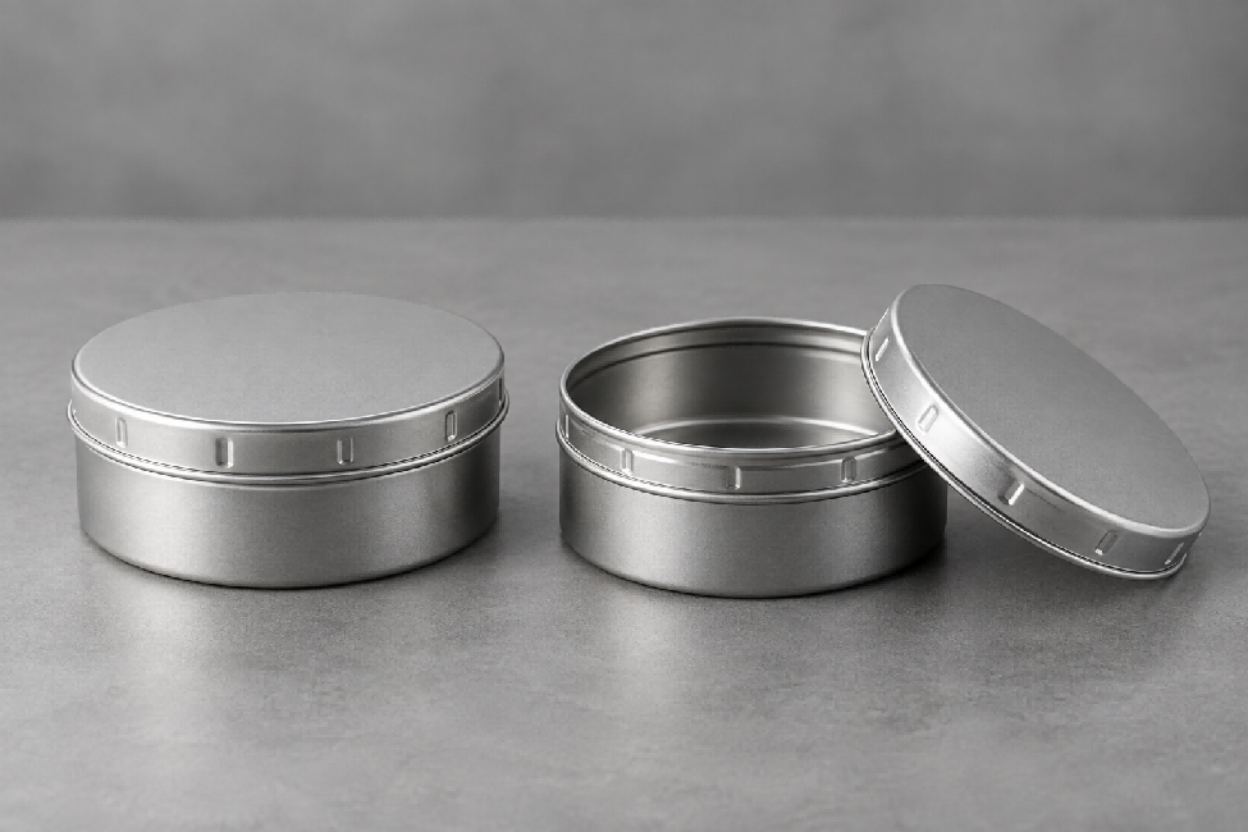 Concept illustration of round metal tins; not a child-resistance test or certification.