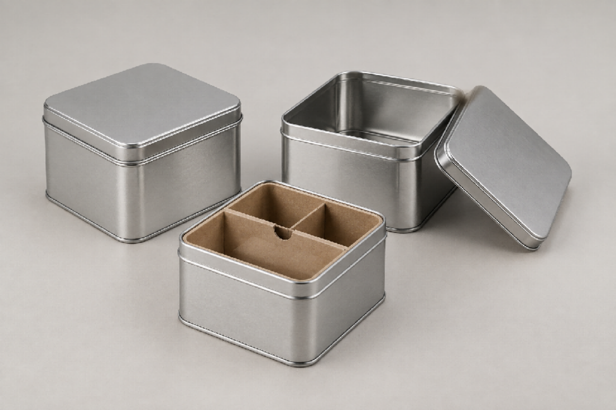 Concept image of square tin containers for specification planning. Final dimensions, lid fit, coatings, and inserts require production samples.