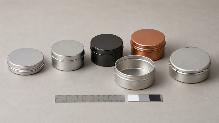 A range of small two-ounce-style round metal tins with screw-top, slip-lid, and hinged closures.